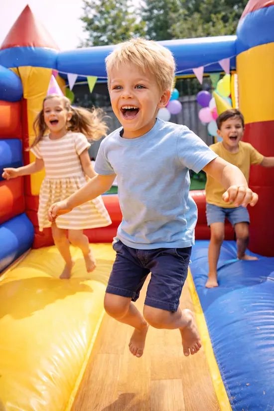 Barn som leker i hoppborg på barnkalas – skratt, färgglada ballonger och rörelseglädje i en trygg och festlig miljö.